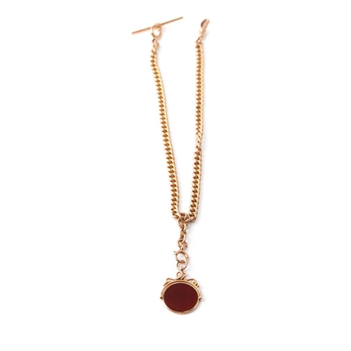 214 - 9ct gold double Albert pocket watch chain, with bloodstone / carnelian for, hallmarked t-bar, every ... 