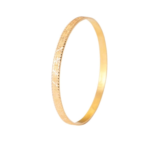 221 - Yellow metal (tests as 18ct or better) circular bangle with engraved decoration, 61mm diameter, 14.0... 