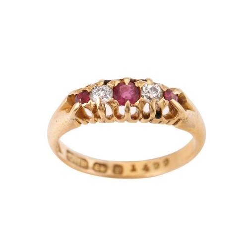 247 - 18ct yellow gold Ruby and Diamond ring. Hallmarked Birmingham 1898. Ring size 'K'. Weight 3.2 grams.