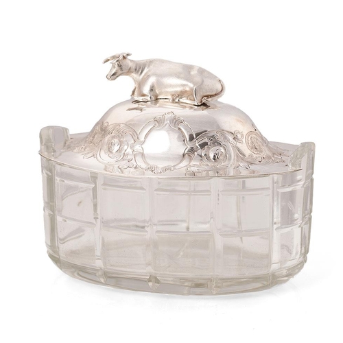 259 - Victorian silver and glass butterdish, with cow finial, Sheffield 1859, Hawkesworth Eyre & Co, 15cm ... 