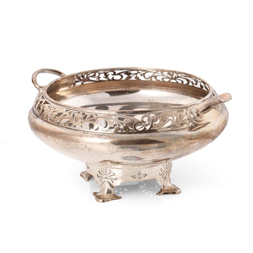 284 - Hallmarked silver pedestal bowl, twin-handled, pierced decoration, raised on 4 feet, Walker and Hall... 