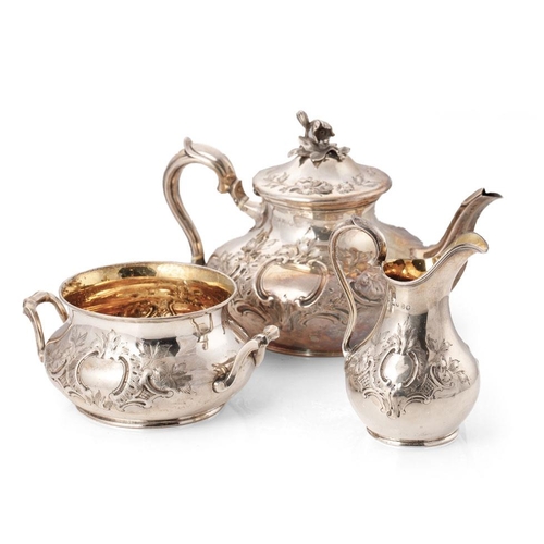 287 - Victorian silver three-piece tea set to include the teapot with a stunning floral finial and ivory i... 