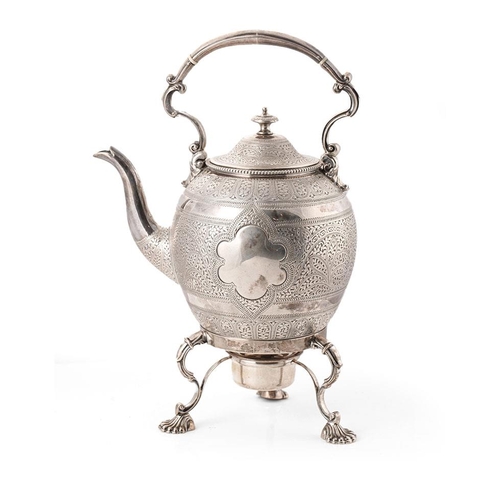 288 - Victorian silver spirit kettle with stand, raised on three scallop feet, ivory space heaters, vacant... 