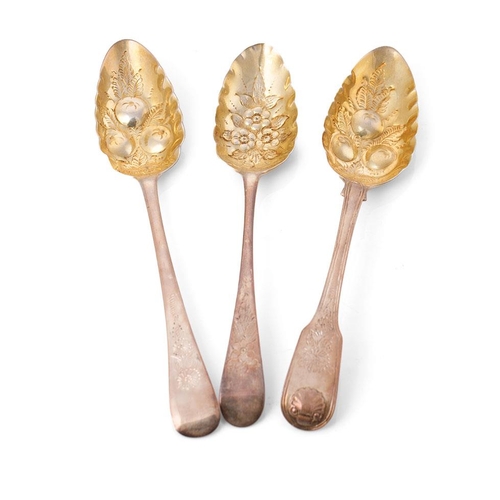 293 - Three Georgian singular silver fruit spoons, all with embossed bowls and ornate handles, gilt wash t... 