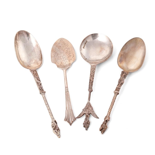 294 - Four silver spoons to include two continental examples with ornate finials, one with import marks, a... 