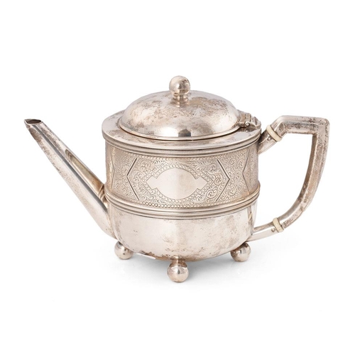 295 - Victorian silver teapot, ivory space heaters, engraved decoration, London 1883, 410.0g. Ivory submis... 