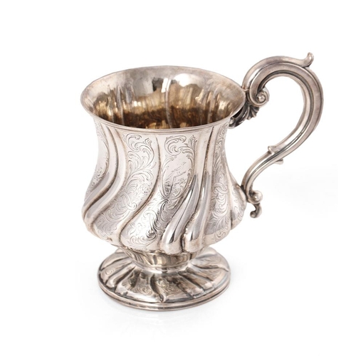 299 - Georgian silver tankard, ribbed design with floral engraving, ornate base and handle, marks rubbed b... 