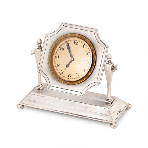 306 - Silver Art Deco mantle clock, Chester 1928, 12cm wide, on 4 bun feet, Swiss movement, non working, e... 