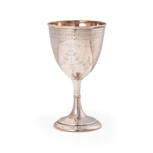 315 - Victorian silver goblet, floral engraving with bright-cut design, Sheffield 1879, 15.5cm tall, Atkin... 