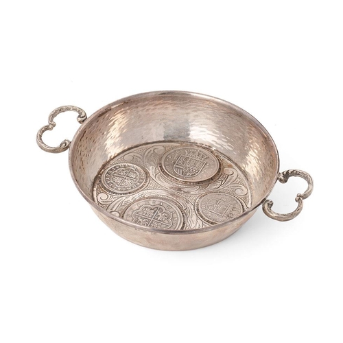 316 - Silver 916 two handled dish made with coins of varying denominations to base of the bowl, Spanish,  ... 