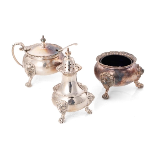 317 - Silver heavy three-piece cruet set, Regency style, with ball and claw feet, lion masks, associated s... 