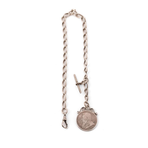 339 - Silver Albert chain with T bar, 'Suid Afrik 1896' mounted coin and Lobster claw clasp. Length 40cm. ... 