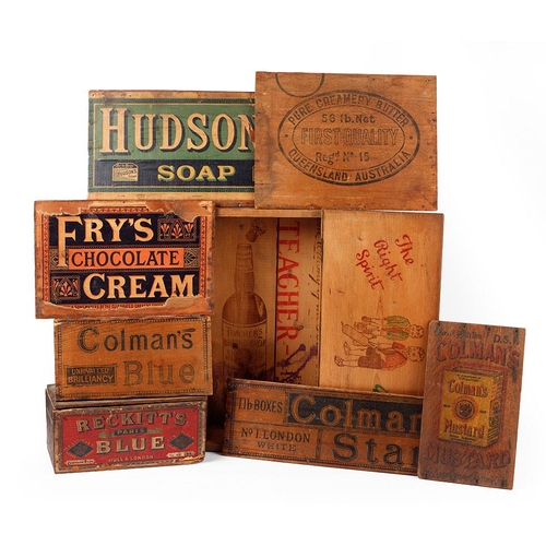 60 - A collection of vintage advertising boxes and box lids to include 'Teachers Whiskey' school desk box... 