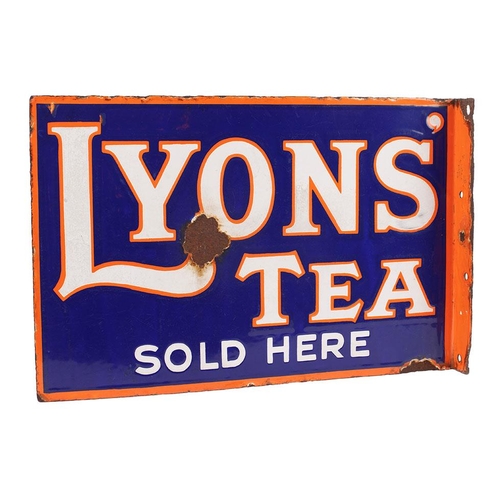 67 - Early 20th century double sided enamel point of sale advertising sign for 'LYONS' TEA' Sold Here. Bl... 