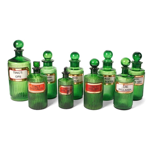 69 - A collection of green glass ribbed poison bottles, suitable for a Chemist / Apothecary, Victorian or... 