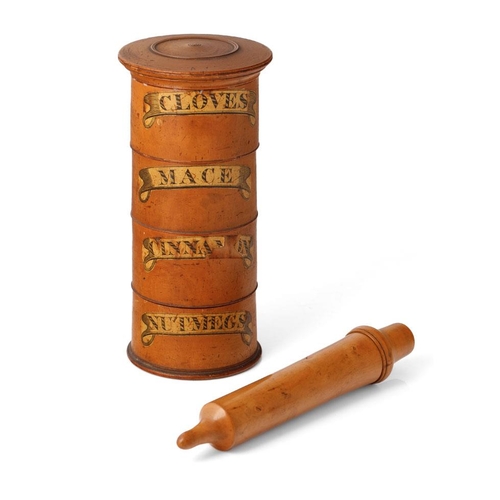 73 - Victorian treen spice tower, 4 bay, to include Cloves, Mace, Nutmegs and Cinnamon, 20.5cm tall, with... 