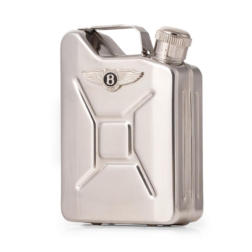 90 - A novelty hip flask in the form of a petrol can / jerry can, 10cm tall, bearing a Bentley logo.