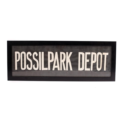 93 - Framed bus blind 'POSSIL PARK DEPOT' Glasgow. c1960s. 62cm x 20cm.