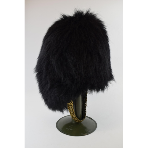 104 - Grenadier Guards Bearskin Headdress on Military Tin Hat Stand dated 1970 with Sam Browne Belt