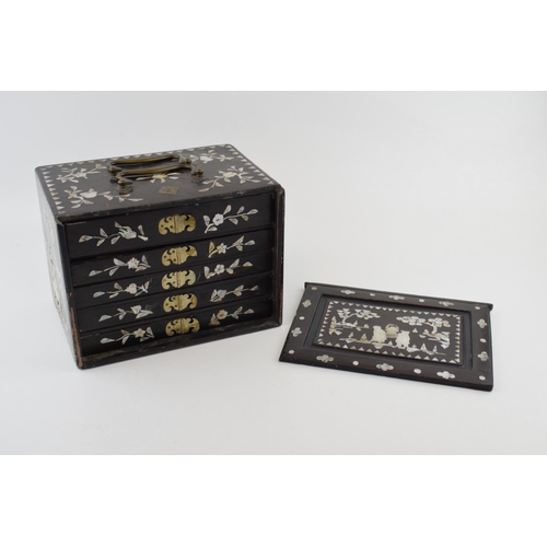 106 - A Mah-Jong set in original lacquered case with mother of pearl inlaid design. Four internal drawers ... 