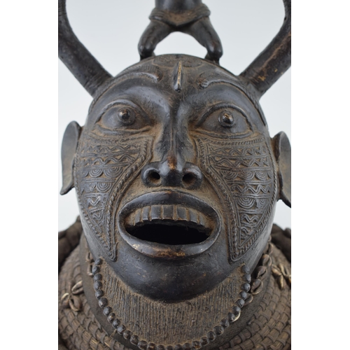 107 - African Tribal Ceremonial Bronze Mask of large size possibly Benin Nigeria or Cameroon Tikar Bamilek... 