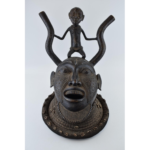 107 - African Tribal Ceremonial Bronze Mask of large size possibly Benin Nigeria or Cameroon Tikar Bamilek... 