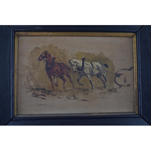 114 - Oil on board depicting two horses pulling a plough. possibly a preparity sketch that could be attrib... 