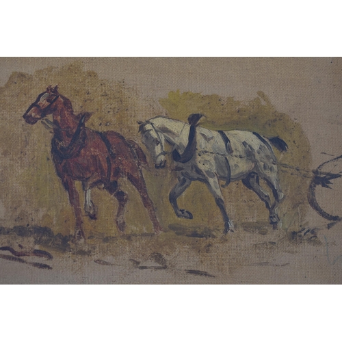 114 - Oil on board depicting two horses pulling a plough. possibly a preparity sketch that could be attrib... 