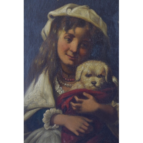 115 - Geotz 1878 signed oil on canvas in gilt frame depicting girl holding dog in blanket. 17cm x 20cm.