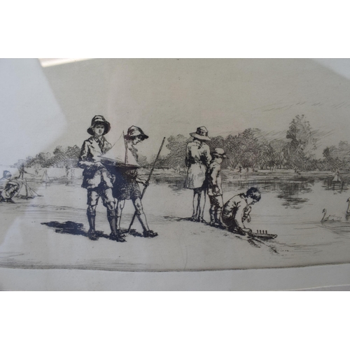 121 - Sidney Tushingham (1884-1968) Drypoint Etching 'The Round Pond Kensington Gardens' Children With Pon... 