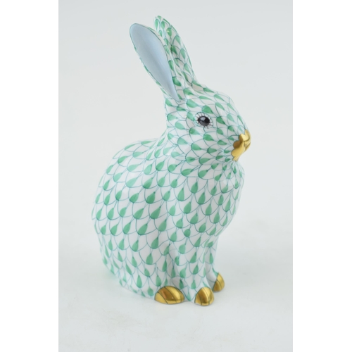 147 - Herend pottery (Hungary) figure of a Seated Rabbit, pattern 5327, 14cm high, in green fishnet/fish s... 