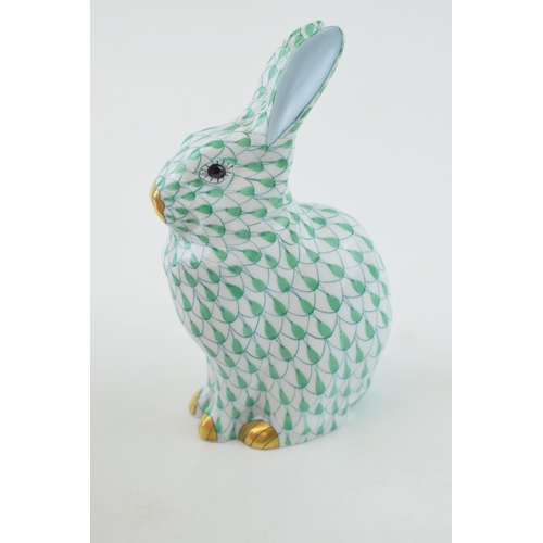 147 - Herend pottery (Hungary) figure of a Seated Rabbit, pattern 5327, 14cm high, in green fishnet/fish s... 