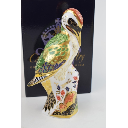 160 - Boxed Royal Crown Derby paperweight, Green Woodpecker, 17.5cm high, gold stopper, red Royal Crown De... 