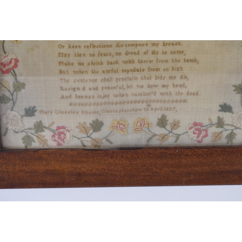 21 - 19th century sampler, by Mary Crossley Hitcote, Gloucestershire, 13th April 1937, in later frame, 'S... 