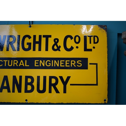 47 - Enamel sign 'R.O. WRIGHT & Co. Ltd.' STRUCTURAL ENGINEERS 'BANBURY'. Yellow ground with black letter... 