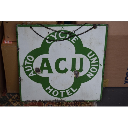 49 - Early 20th century double sided enamel hotel sign. White ground with green lettering. 'ACU - AUTO CY... 