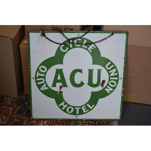 49 - Early 20th century double sided enamel hotel sign. White ground with green lettering. 'ACU - AUTO CY... 