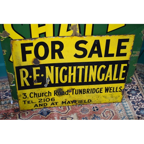 56 - Vintage Original enamel sign, double sided, 'For Sale R E Nightingale, Church Road, Tunbridge Wells,... 