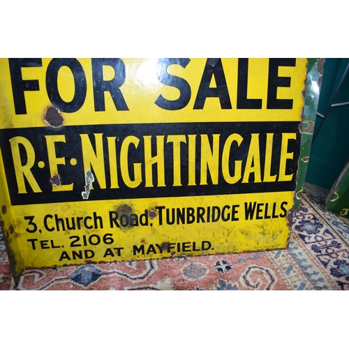 56 - Vintage Original enamel sign, double sided, 'For Sale R E Nightingale, Church Road, Tunbridge Wells,... 