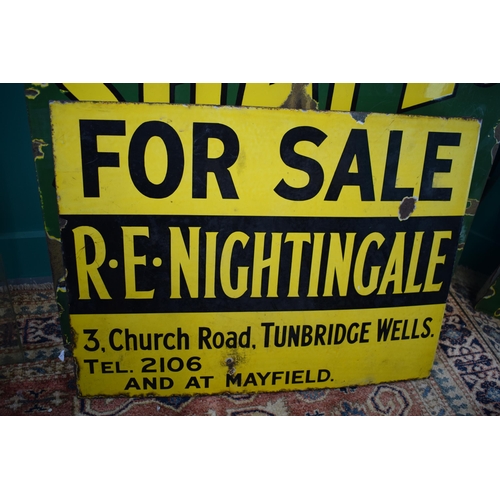 56 - Vintage Original enamel sign, double sided, 'For Sale R E Nightingale, Church Road, Tunbridge Wells,... 