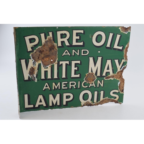 58 - An early 20th century double sided enamel point of sale advertising sign for 'PURE OIL AND WHITE MAY... 