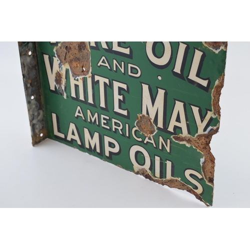 58 - An early 20th century double sided enamel point of sale advertising sign for 'PURE OIL AND WHITE MAY... 