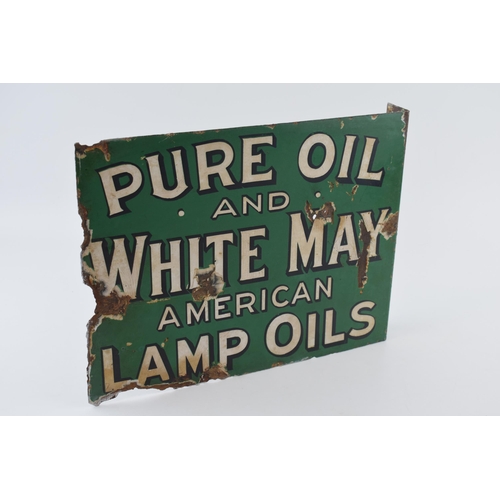 58 - An early 20th century double sided enamel point of sale advertising sign for 'PURE OIL AND WHITE MAY... 