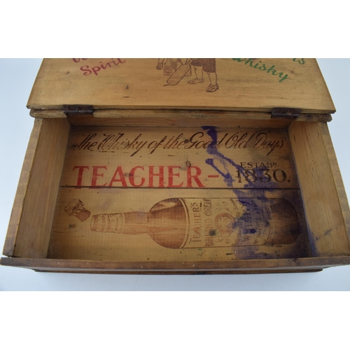 60 - A collection of vintage advertising boxes and box lids to include 'Teachers Whiskey' school desk box... 