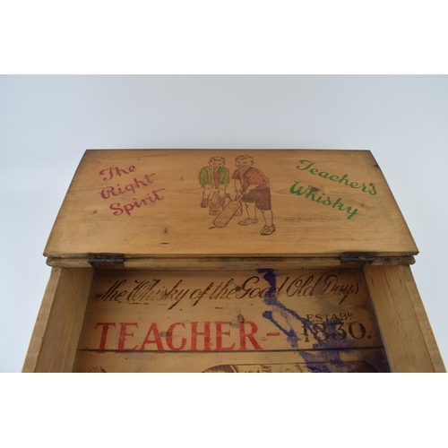 60 - A collection of vintage advertising boxes and box lids to include 'Teachers Whiskey' school desk box... 