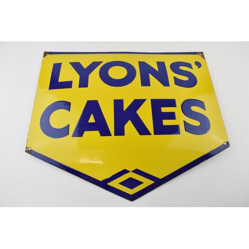 65 - Vintage Lyons' Cakes enamel point of sale advertising sign. Yellow ground with blue writing. 46cm x ... 