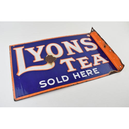 67 - Early 20th century double sided enamel point of sale advertising sign for 'LYONS' TEA' Sold Here. Bl... 