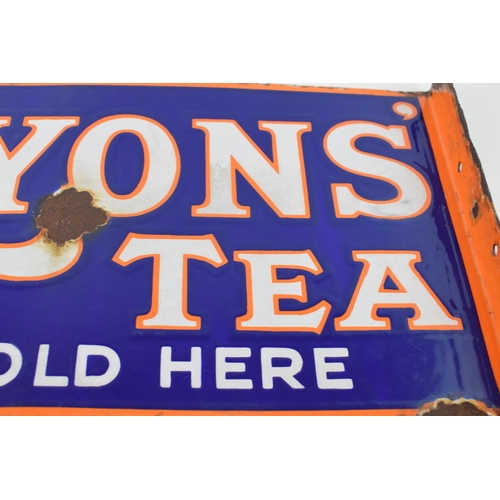 67 - Early 20th century double sided enamel point of sale advertising sign for 'LYONS' TEA' Sold Here. Bl... 