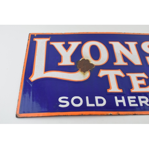 67 - Early 20th century double sided enamel point of sale advertising sign for 'LYONS' TEA' Sold Here. Bl... 