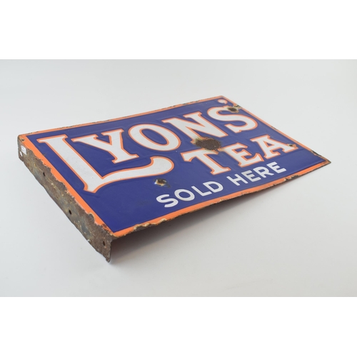 67 - Early 20th century double sided enamel point of sale advertising sign for 'LYONS' TEA' Sold Here. Bl... 